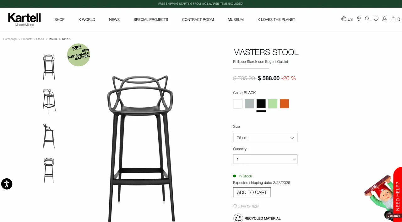Kartell Masters stool (1) Black & (1) White
					무빙세일
					Los Angeles