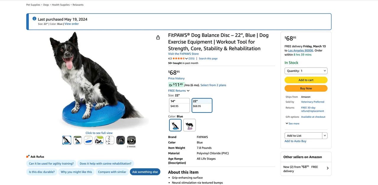 강아지 발란스 볼 (코어/근육 운동용) 판매합니다. 내 강아지 건강하개!
					기타
					LA