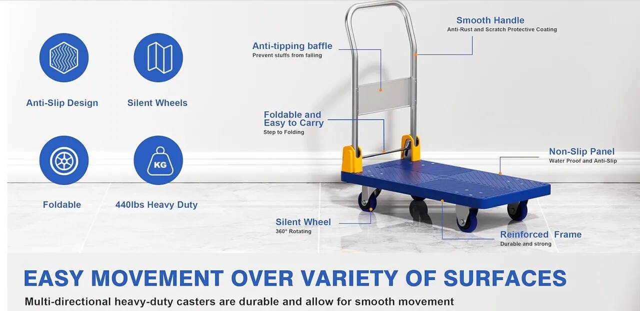 접이식 푸시 카트, 4륜 플랫폼 카트, 최대 200kg 하중 지지, 손잡이 포함, 360도
					가구
					Los Angeles